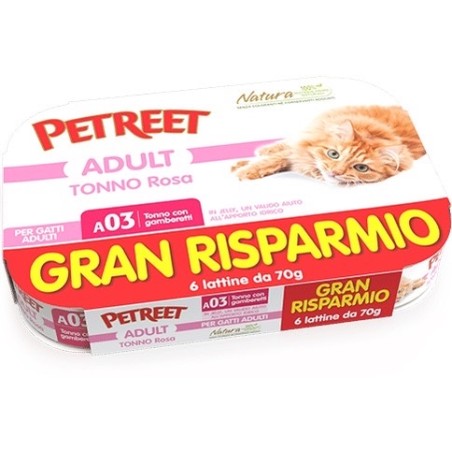 Petreet Umido Natura per Gatti - Multipack Tonno Rosa con Gamberetti in jelly 6 x 70g