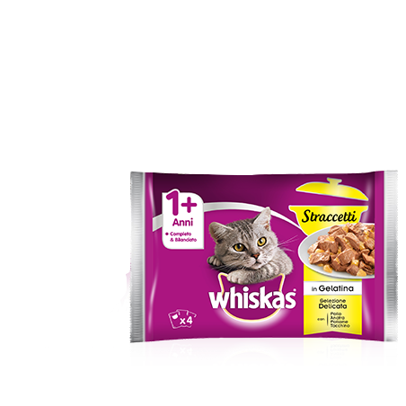 Whiskas® Straccetti 1+ Selezione Delicata In Gelatina con Pollo, Anatra, Pollame, Tacchino