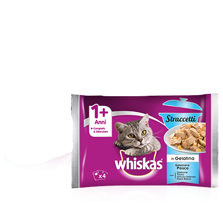 Whiskas® Straccetti 1+ Selezione Pesce In Gelatina con Salmone, Tonno, Merluzzo Carbonaro, Pesce Bianco