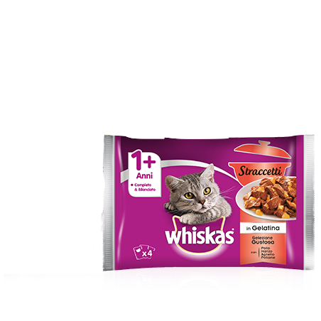 Whiskas® Straccetti 1+ Selezione Gustosa In Gelatina con Pollo, Manzo, Agnello, Pollame