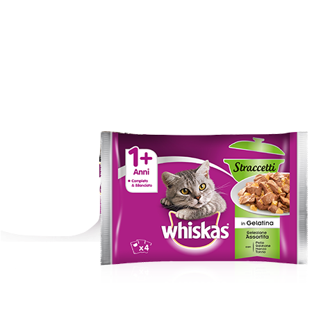 Whiskas® Straccetti 1+ Selezione Assortita In Gelatina con Pollo, Salmone, Manzo, Tonno