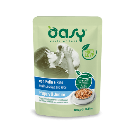 Oasy STRACCETTI IN SALSA • Puppy & Junior con Pollo e Riso 100g