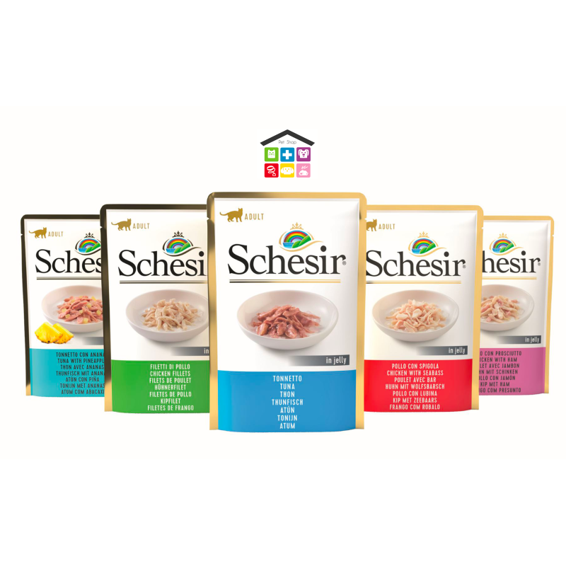 Schesir gatto busta 0,70g jelly naturale tonnetto, tonnetto e spigola ,tonnetto e nasello, tonnetto e quinoa,tonnetto e orata, t