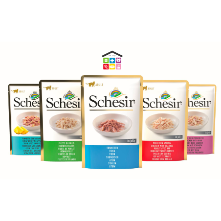 Schesir gatto busta 0,70g jelly naturale tonnetto, tonnetto e spigola ,tonnetto e nasello, tonnetto e quinoa,tonnetto e orata, t